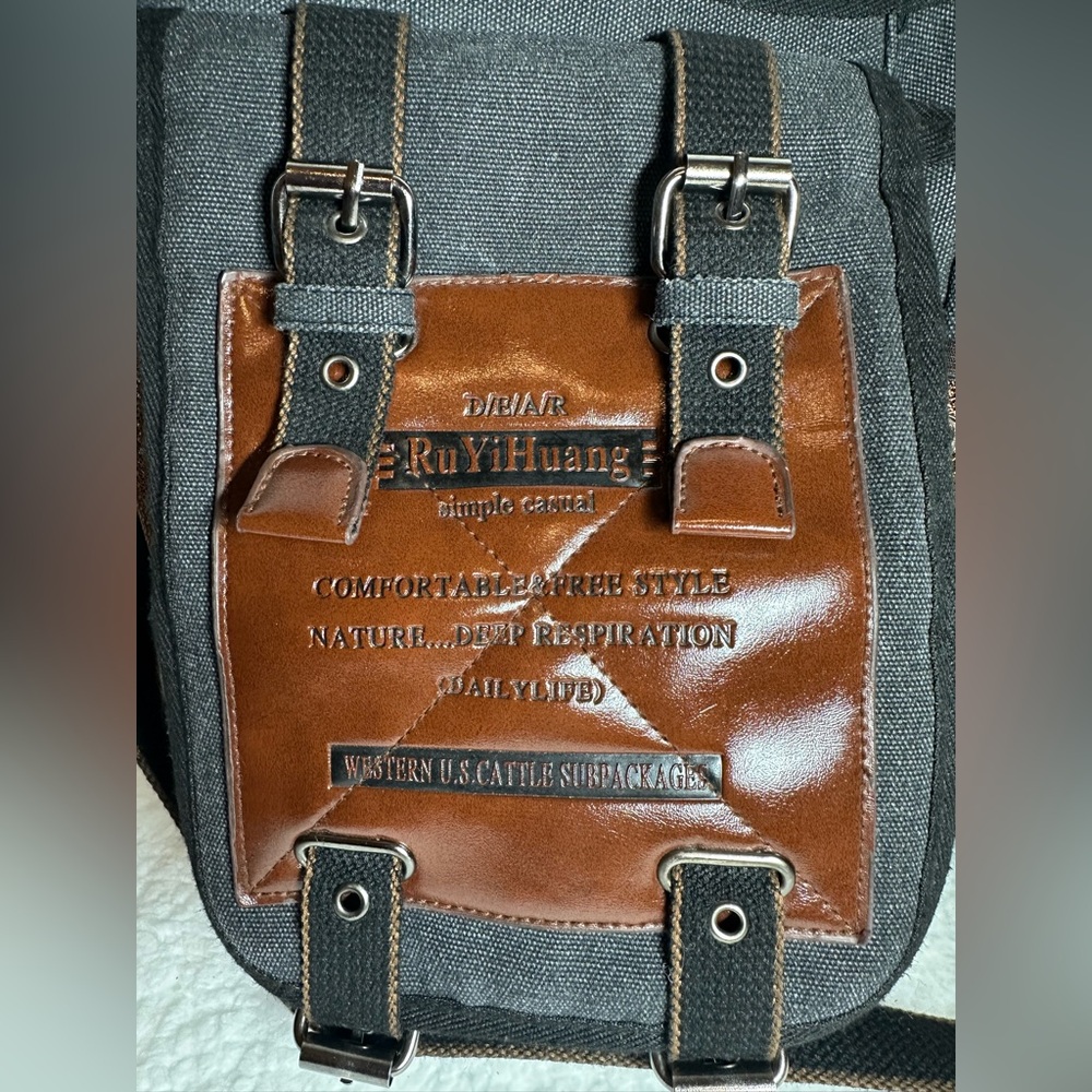 Men's Leather and Canvas Messenger Bag - Black and Brown